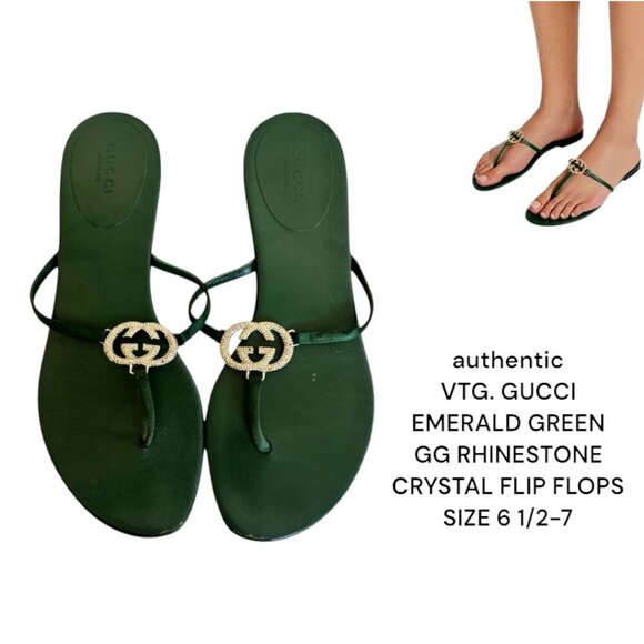 y2k‎ Authentic Gucci Emerald Green GG crystal rhinestone flip flops size 6.5-7 - Picture 1 of 7